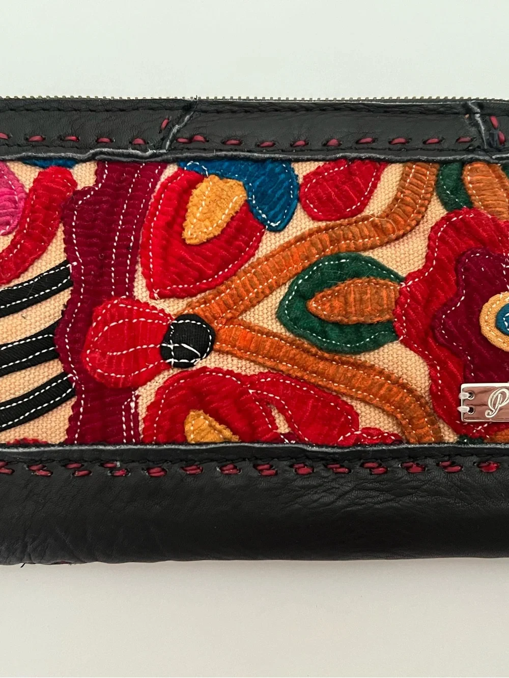 PRANEE Black Leather Wristlet with Multicolor Embroidered Panel